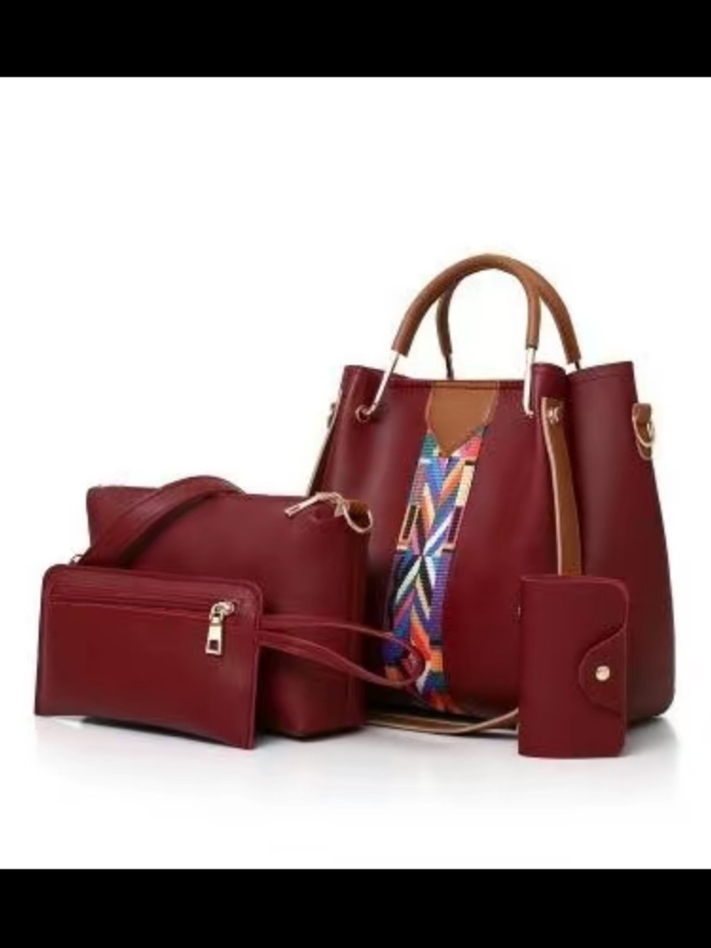 Women's Burgundy Tote Bag Set with Colorful Strap